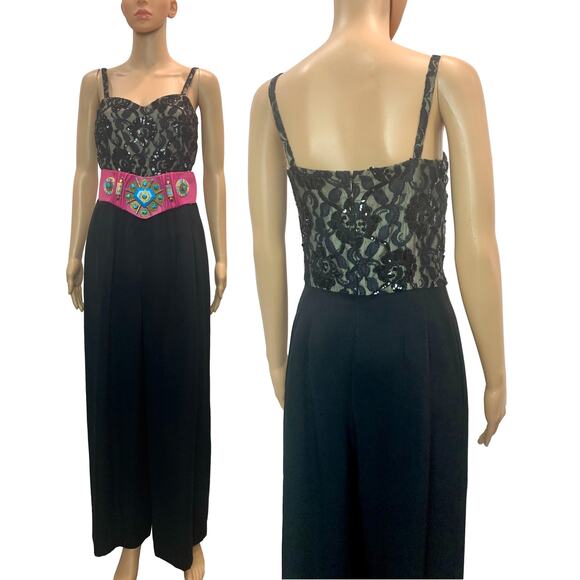 Vintage 80s Nolan Miller Black Jumpsuit w Lace Beads and Sequins | XSmall - Picture 5 of 10